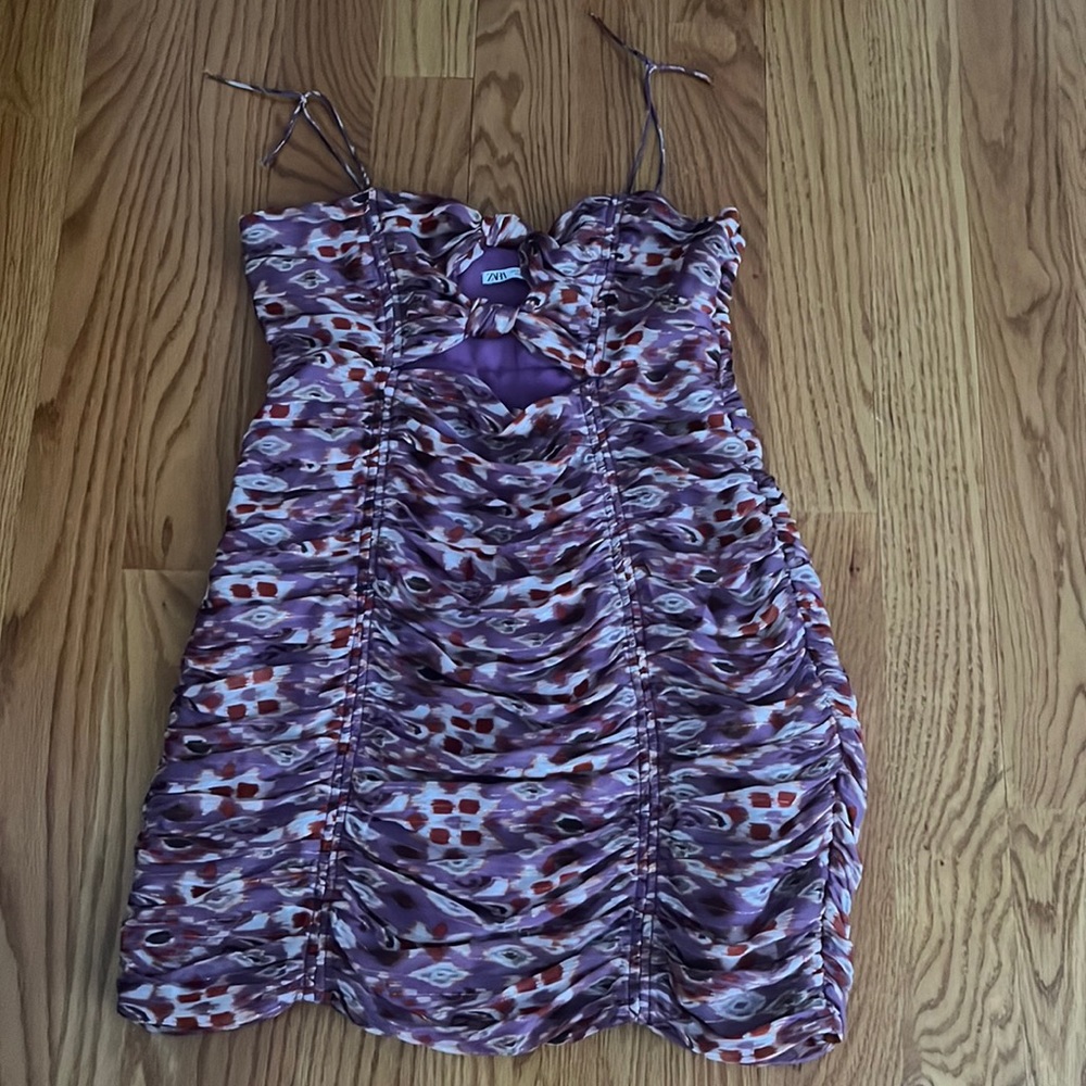 Zara Purple Printed Cocktail Mini Dress with knot cutout